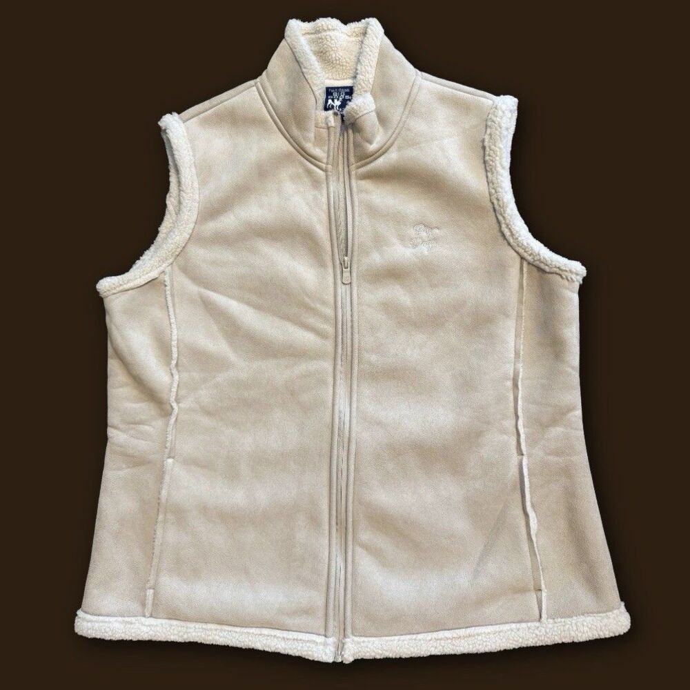 Vintage Shearling Vest Faux Suede Size Large Womens Fleece Zip Pockets Outdoor